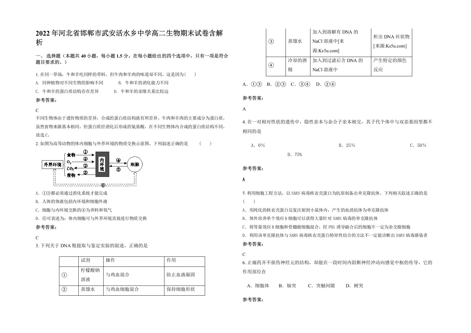 2022年河北省邯郸市武安活水乡中学高二生物期末试卷含解析