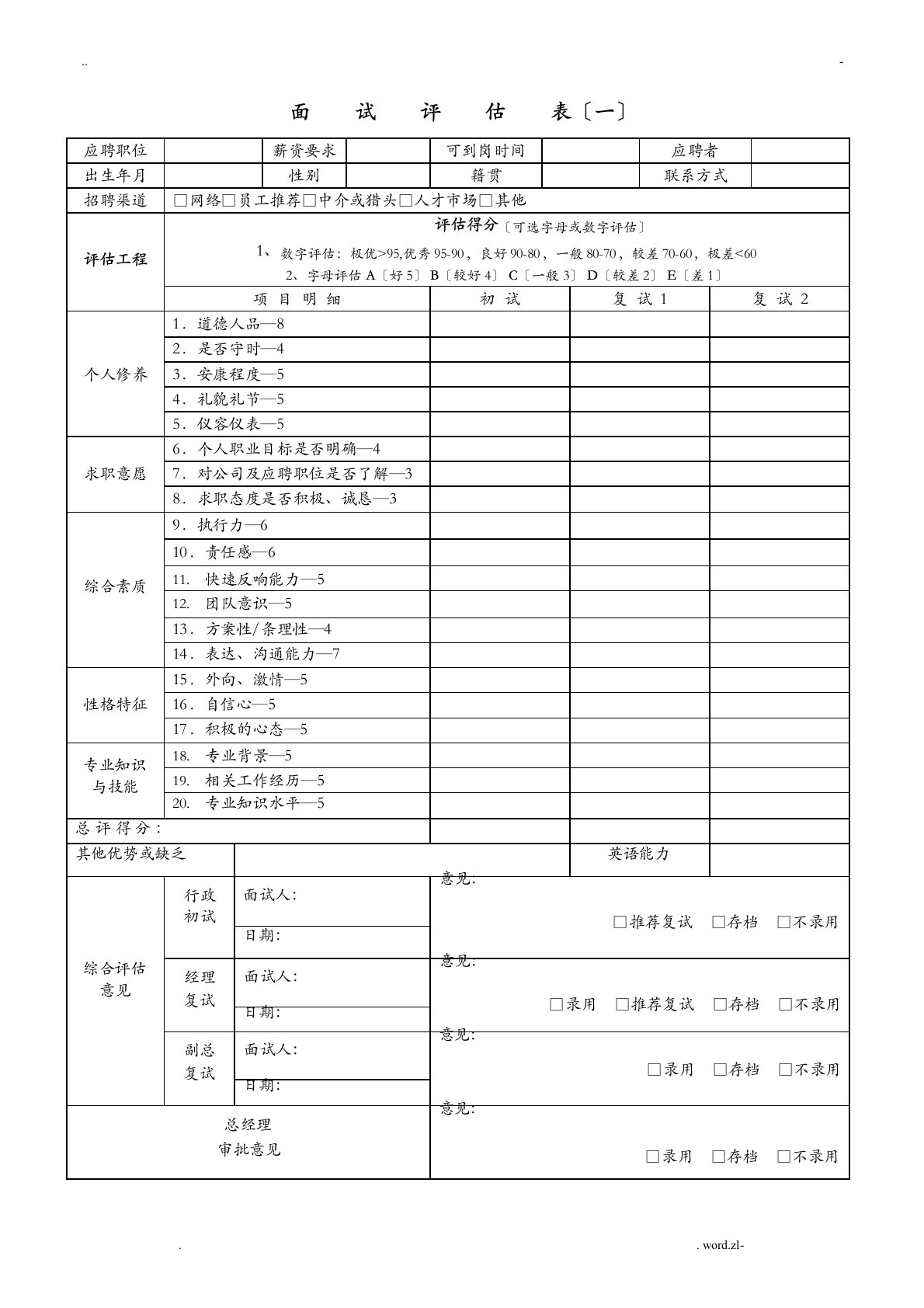 HR面试表格模板5种