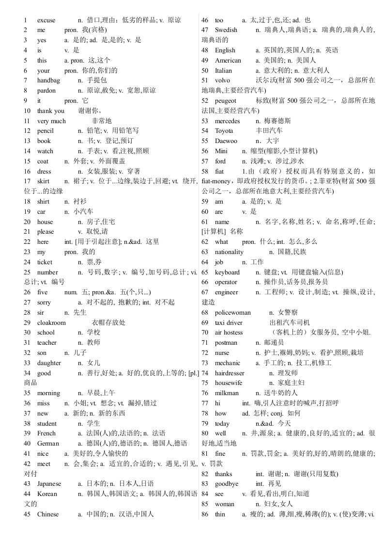 新概念第1册全部单词汇总打印版