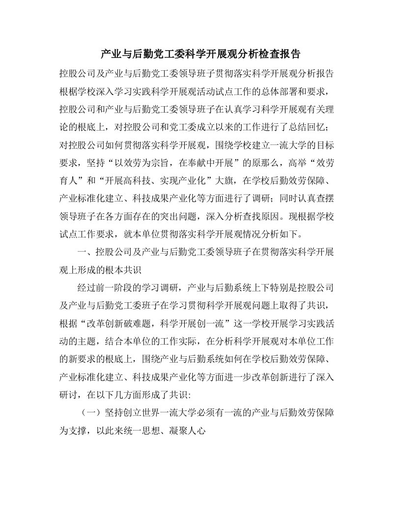 产业与后勤党工委科学发展观分析检查报告