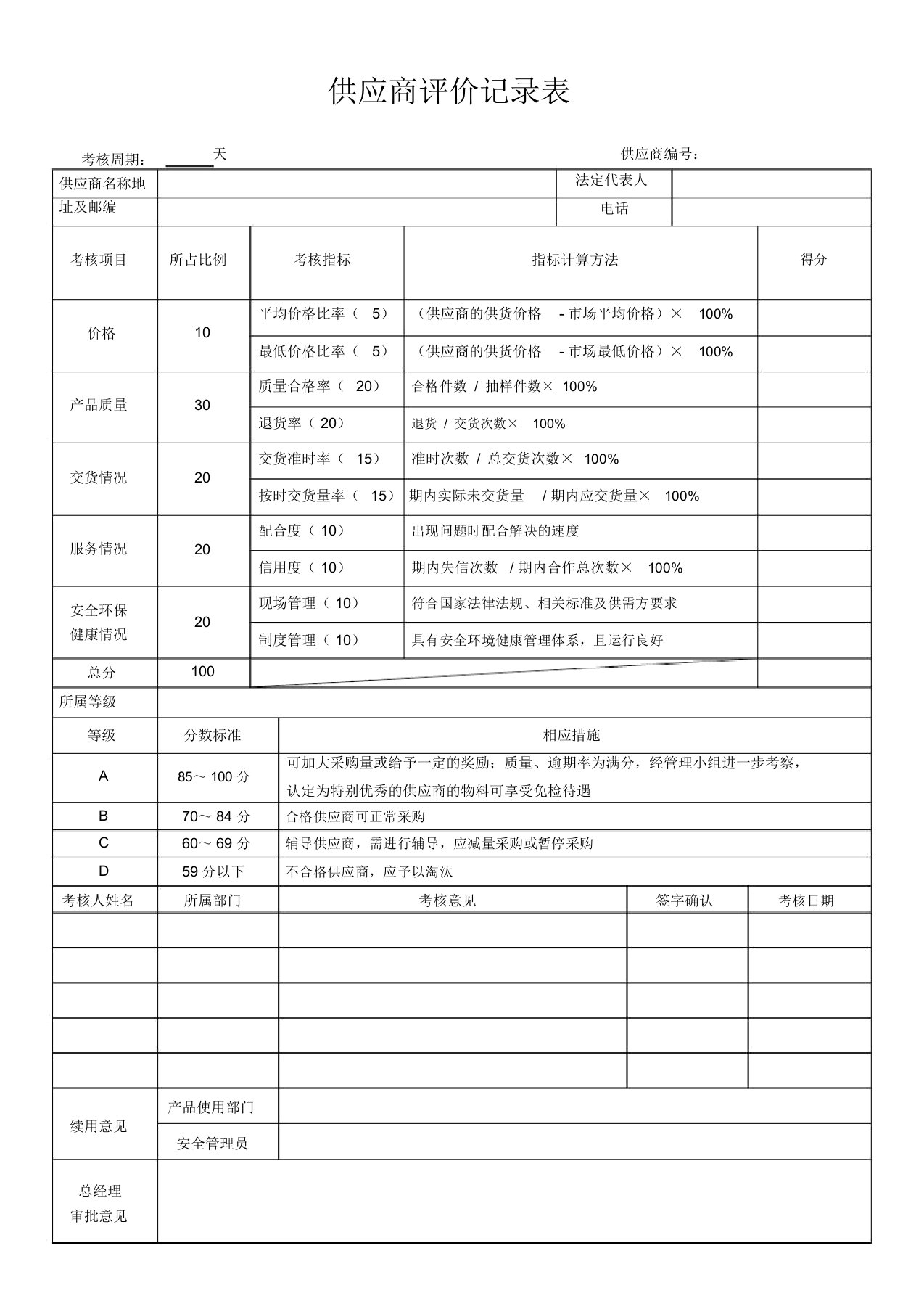 供应商评价记录表