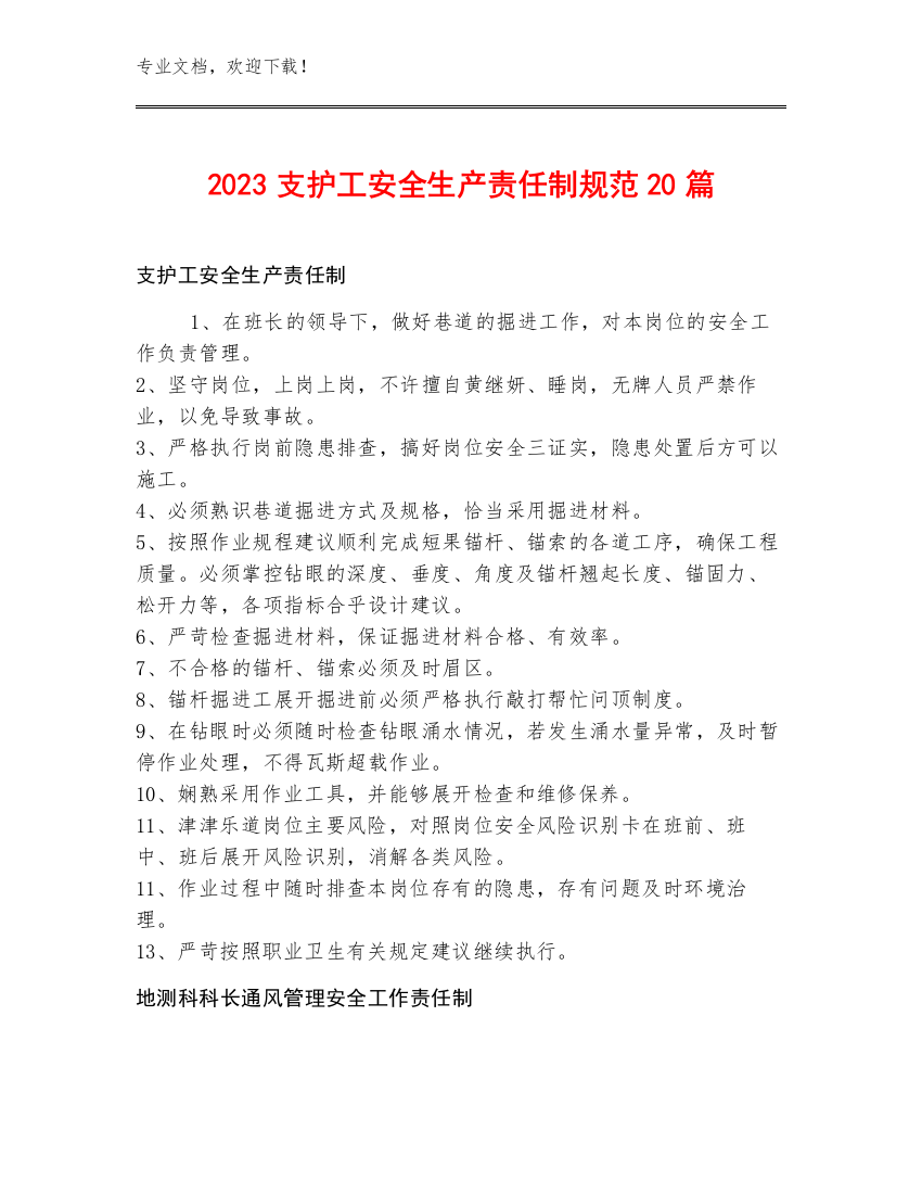 2023支护工安全生产责任制规范20篇