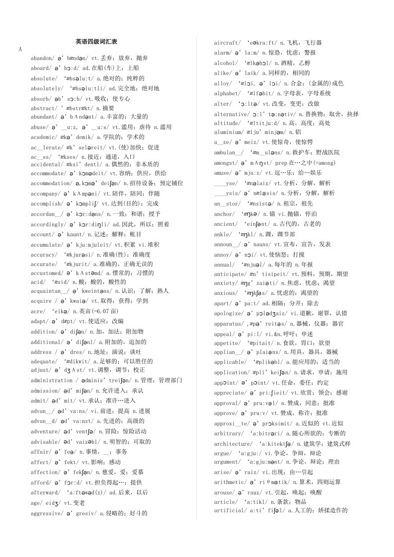 大学英语四级词汇表CET4(带音标版)