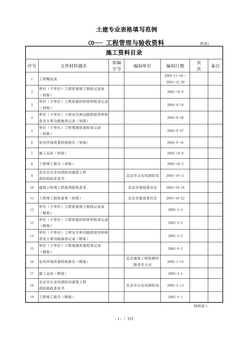 土建专业表格填写范例