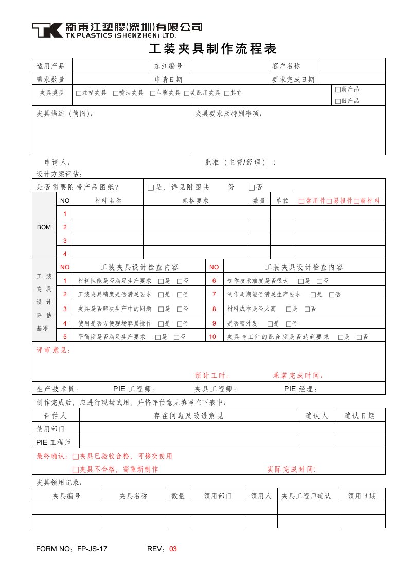 工装夹具制作流程表