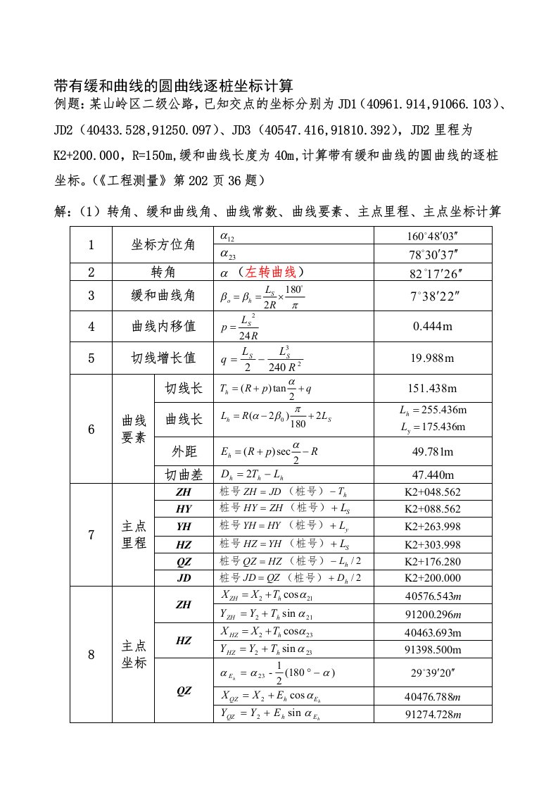 带有缓和曲线的圆曲线逐桩坐标计算例题