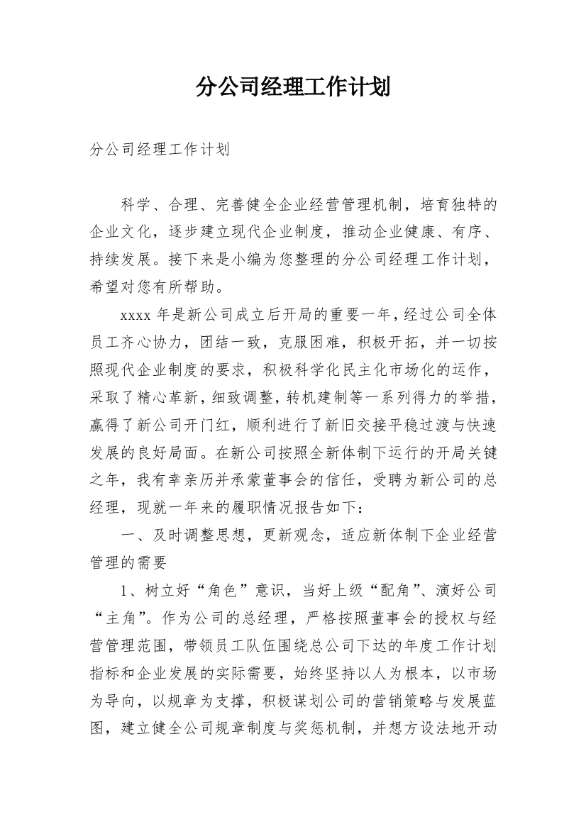 分公司经理工作计划