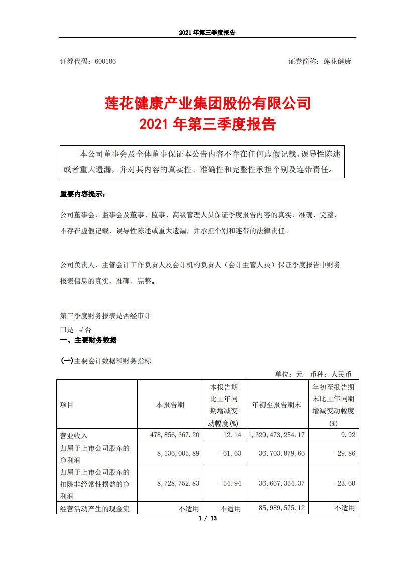 上交所-莲花健康2021年第三季度报告-20211029