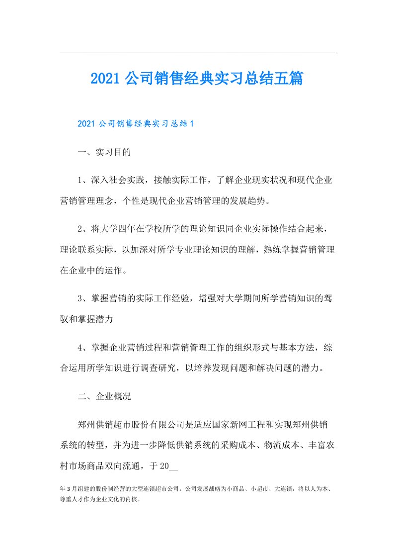 公司销售经典实习总结五篇