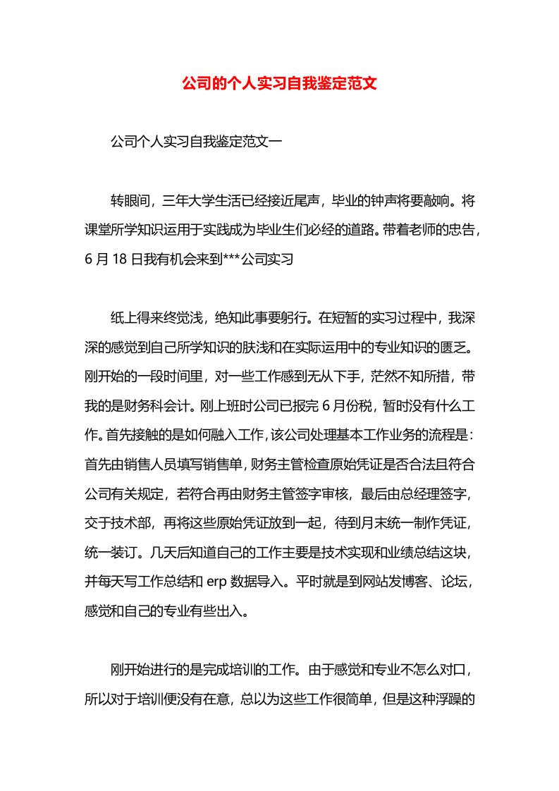 公司的个人实习自我鉴定范文