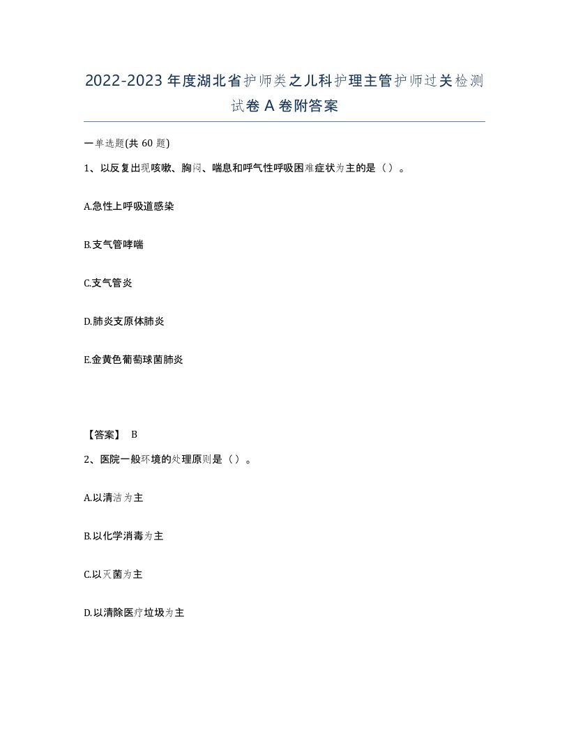 2022-2023年度湖北省护师类之儿科护理主管护师过关检测试卷A卷附答案