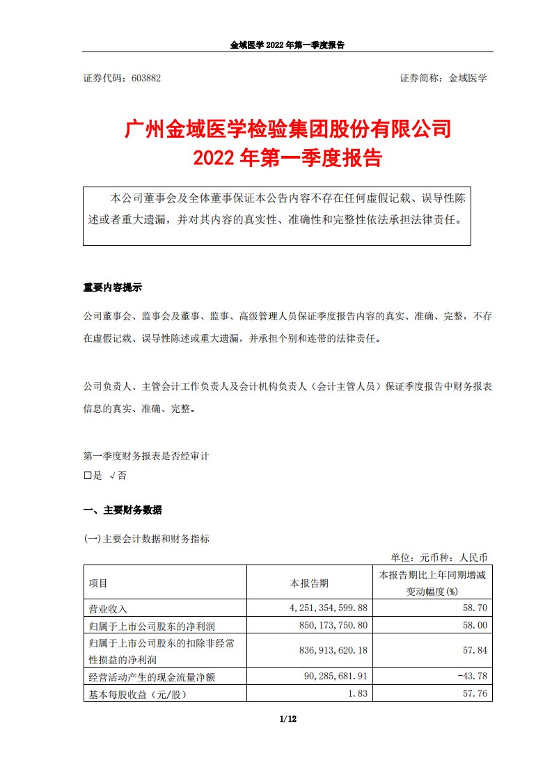 上交所-广州金域医学检验集团股份有限公司2022年第一季度报告-20220426