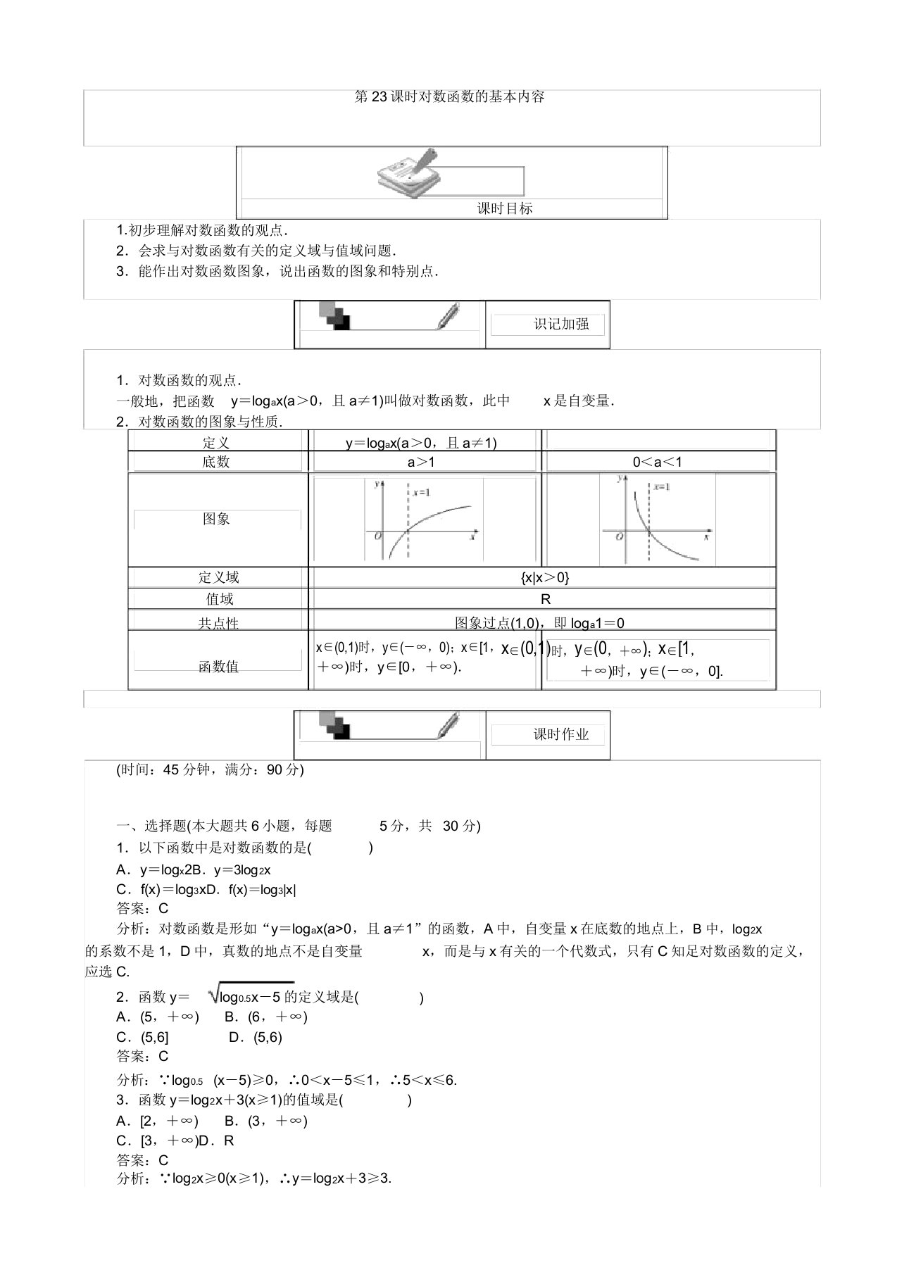 高中人教版数学a版高一必修1(45分钟课时作业与单元测试卷)：第23课时对数函数的基本内容