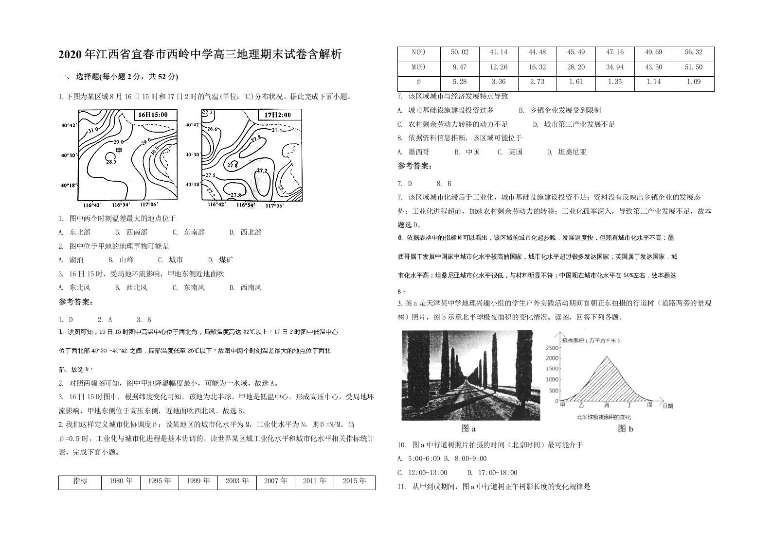 2020年江西省宜春市西岭中学高三地理期末试卷含解析