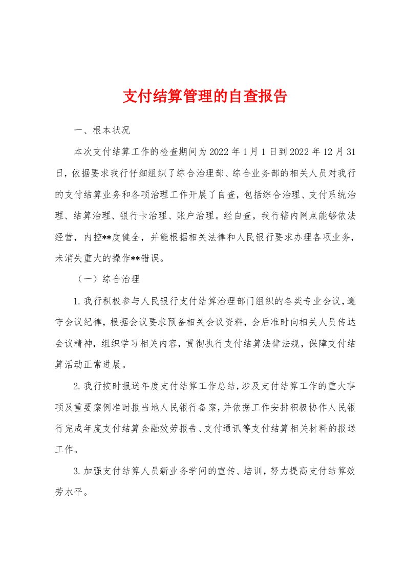 支付结算管理的自查报告