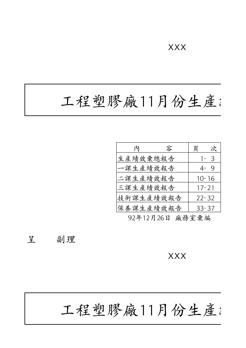 建筑工程管理-工程塑膠廠11月份生產績效報告