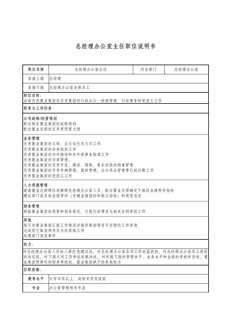 新奥置业集团总经理办公室主任职位说明书