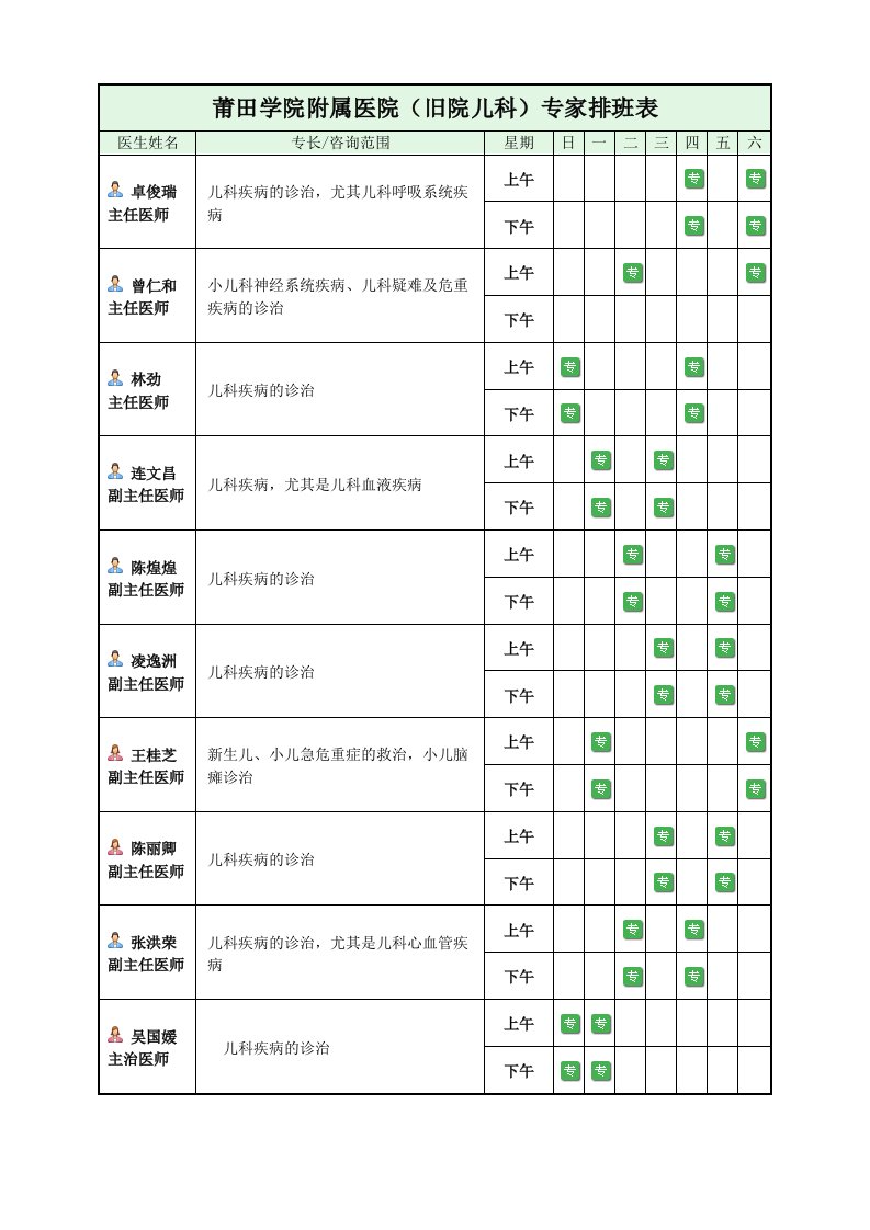 莆田医院儿科门诊排班表