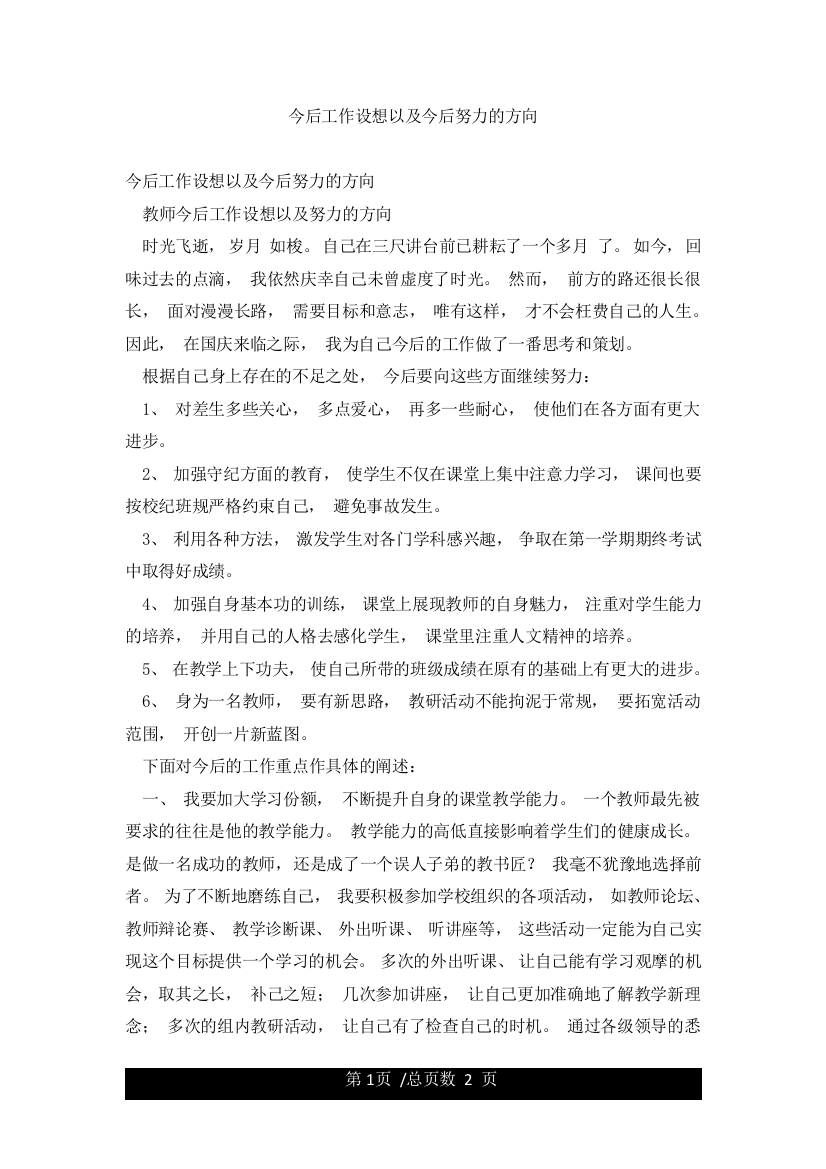 今后工作设想以及今后努力的方向