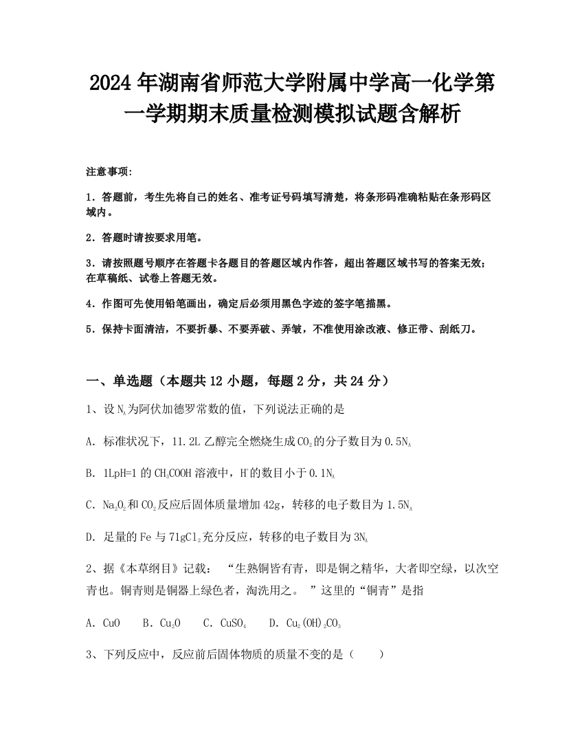 2024年湖南省师范大学附属中学高一化学第一学期期末质量检测模拟试题含解析