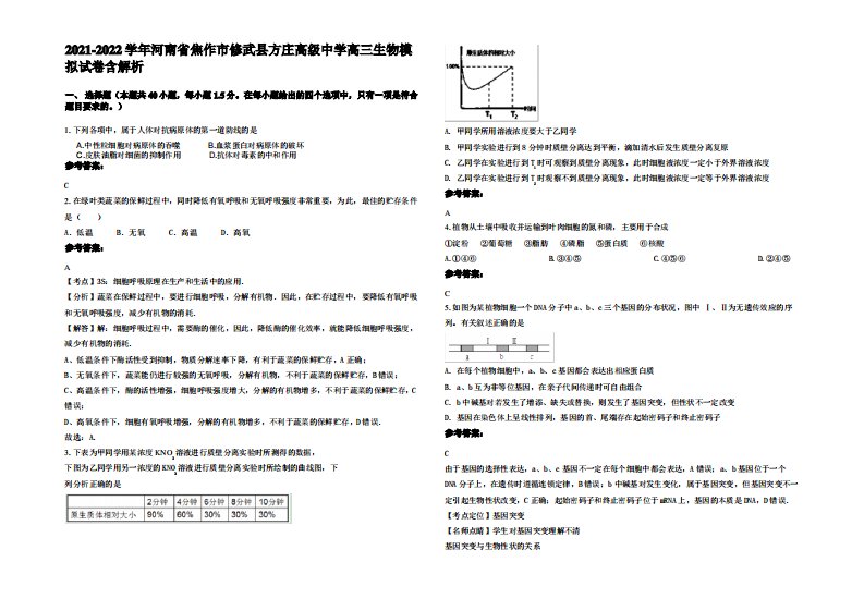 2021-2022学年河南省焦作市修武县方庄高级中学高三生物模拟试卷含解析