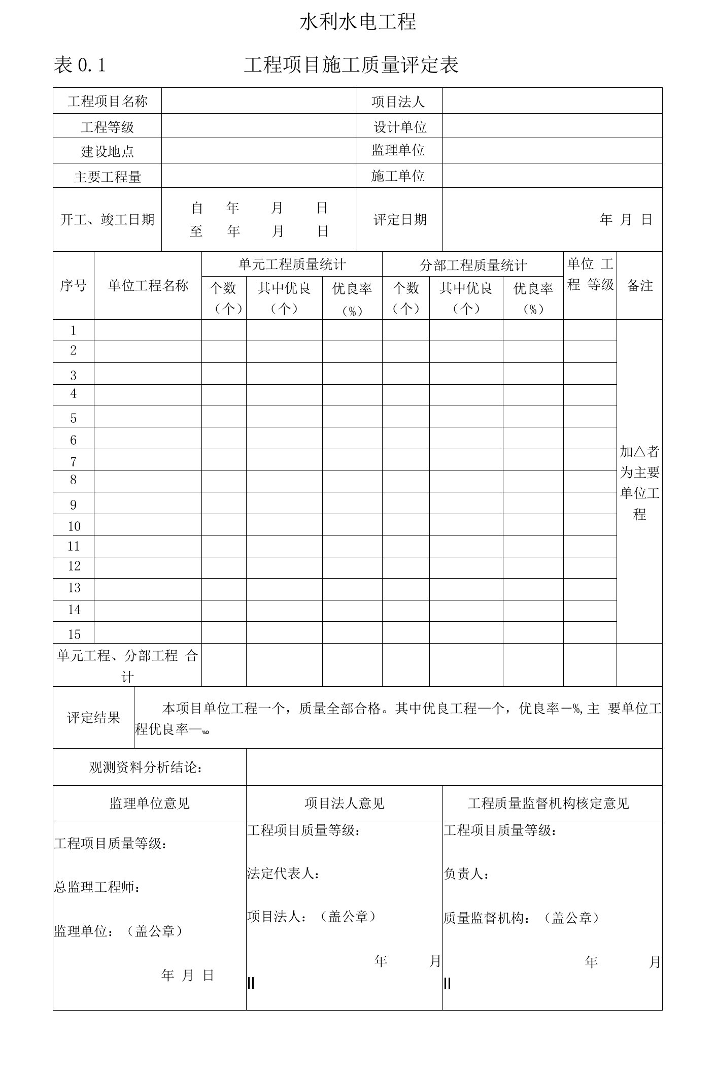 水利水电工程主要验收表格