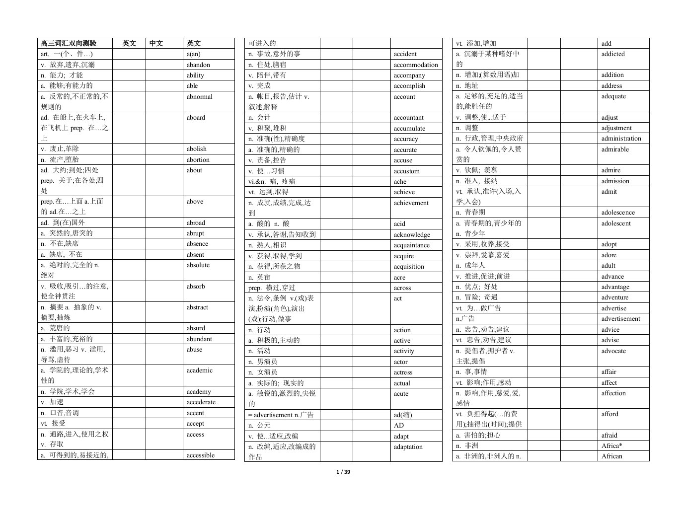 2019版高考英语3500词汇双向测试版