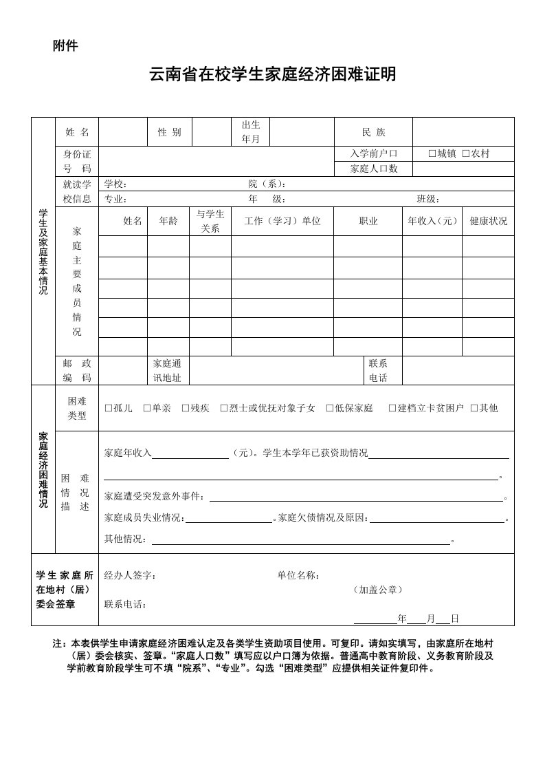 云南省在校学生家庭经济困难证明(1)