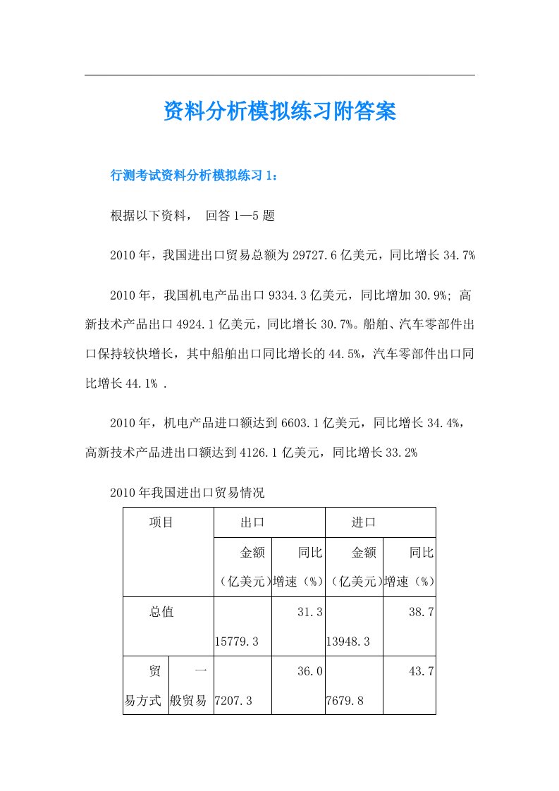 资料分析模拟练习附答案