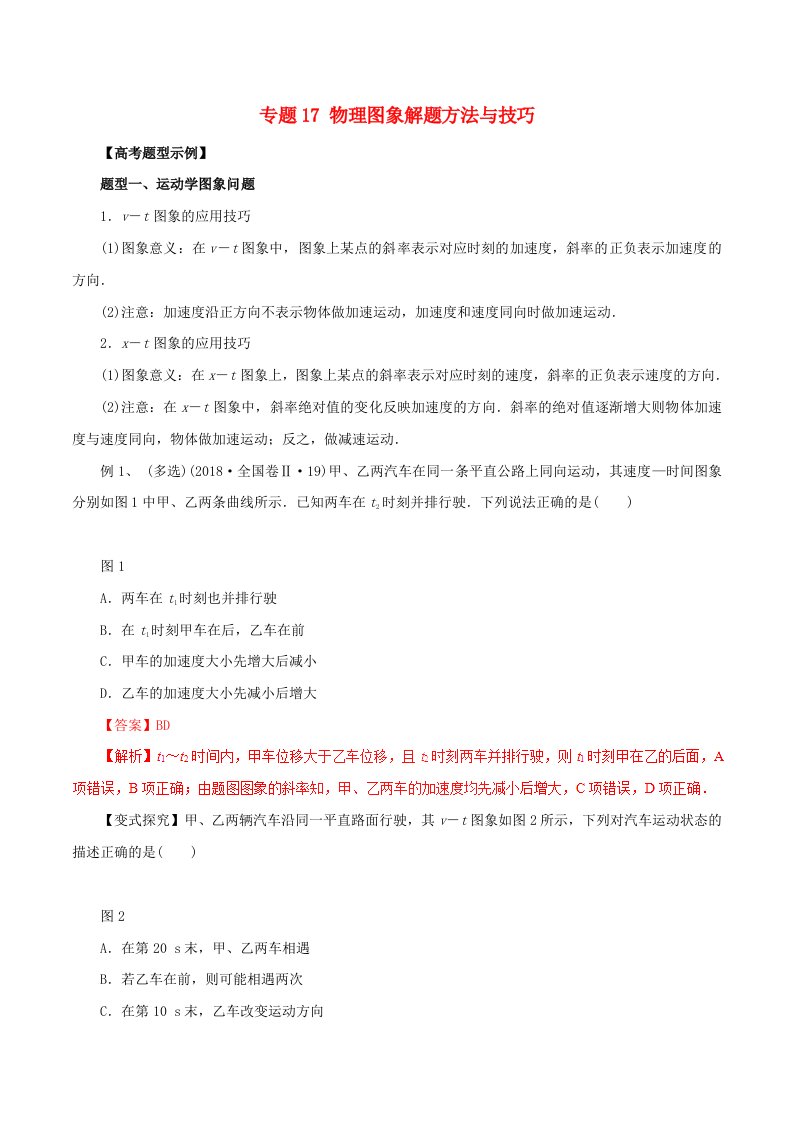 2019年高考物理考纲解读与热点难点突破专题17物理图象解题方法与技巧教学案