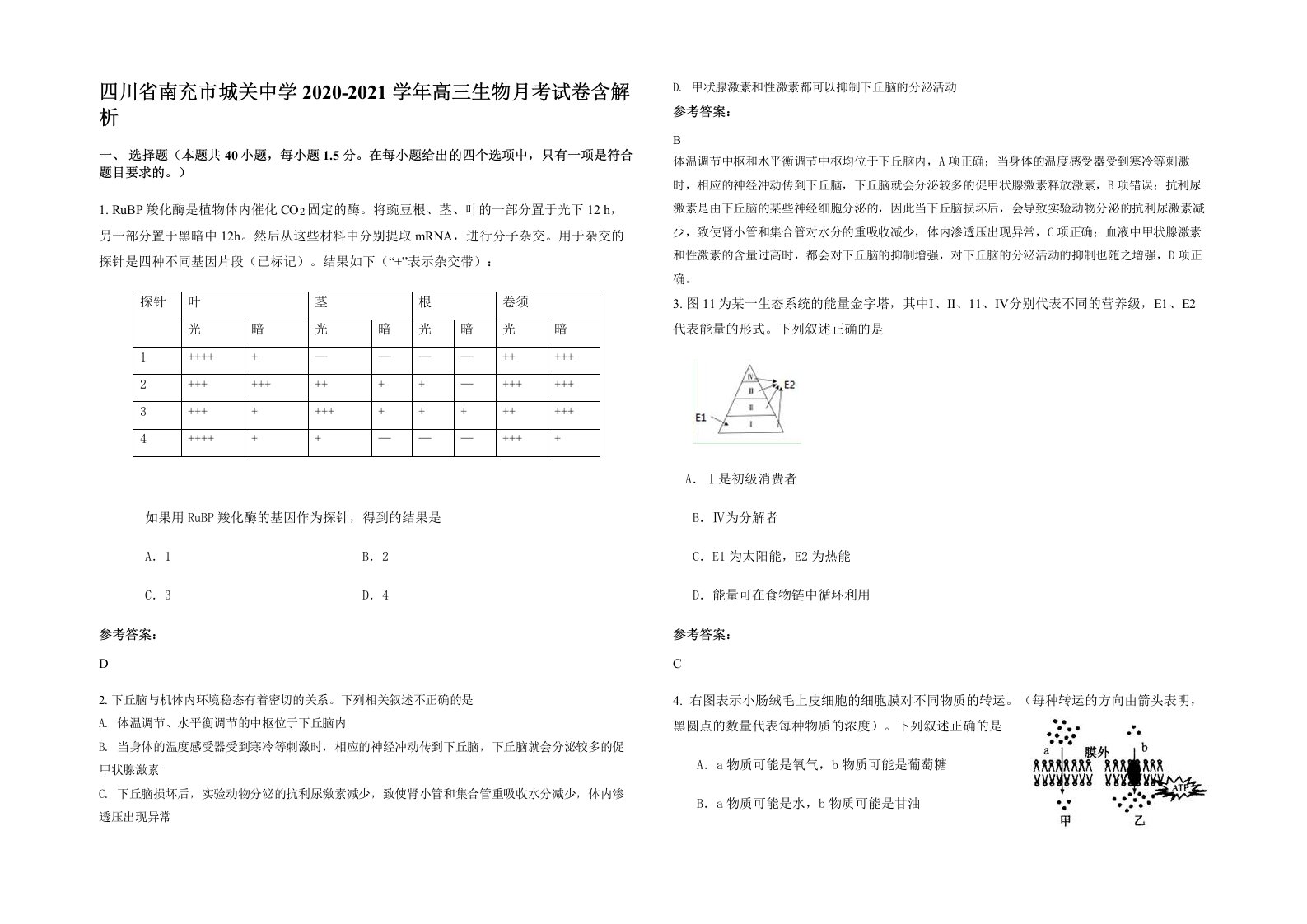 四川省南充市城关中学2020-2021学年高三生物月考试卷含解析