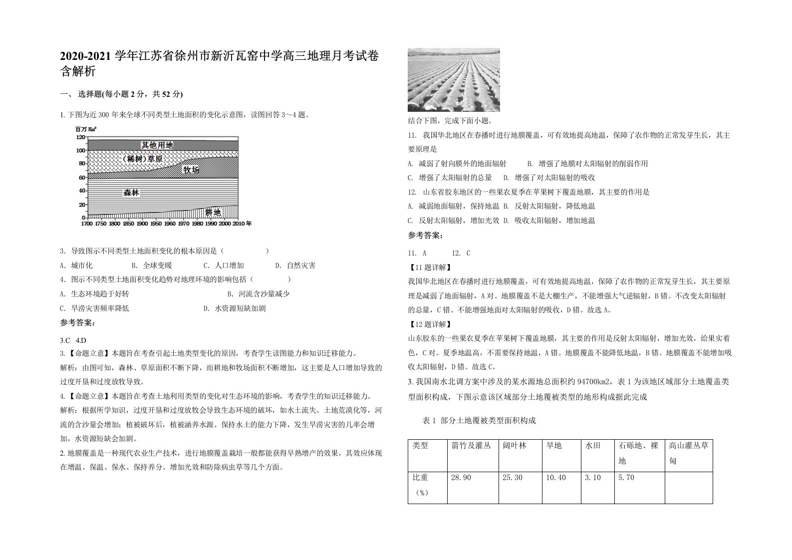 2020-2021学年江苏省徐州市新沂瓦窑中学高三地理月考试卷含解析