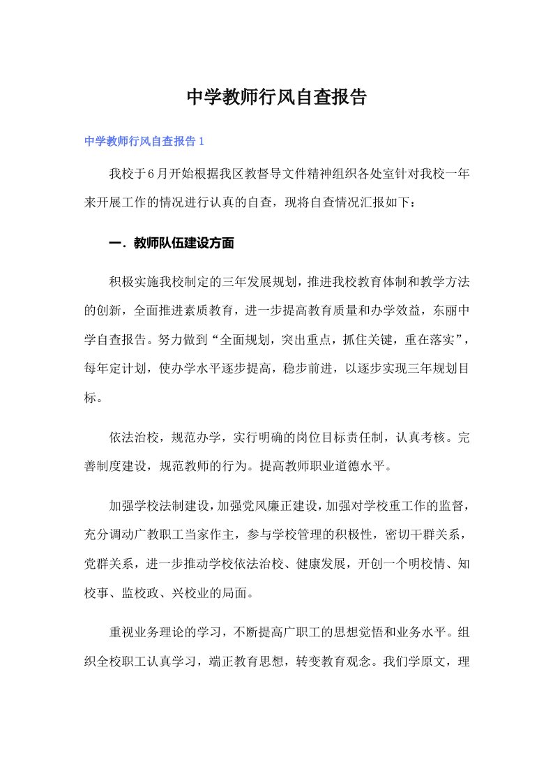 中学教师行风自查报告