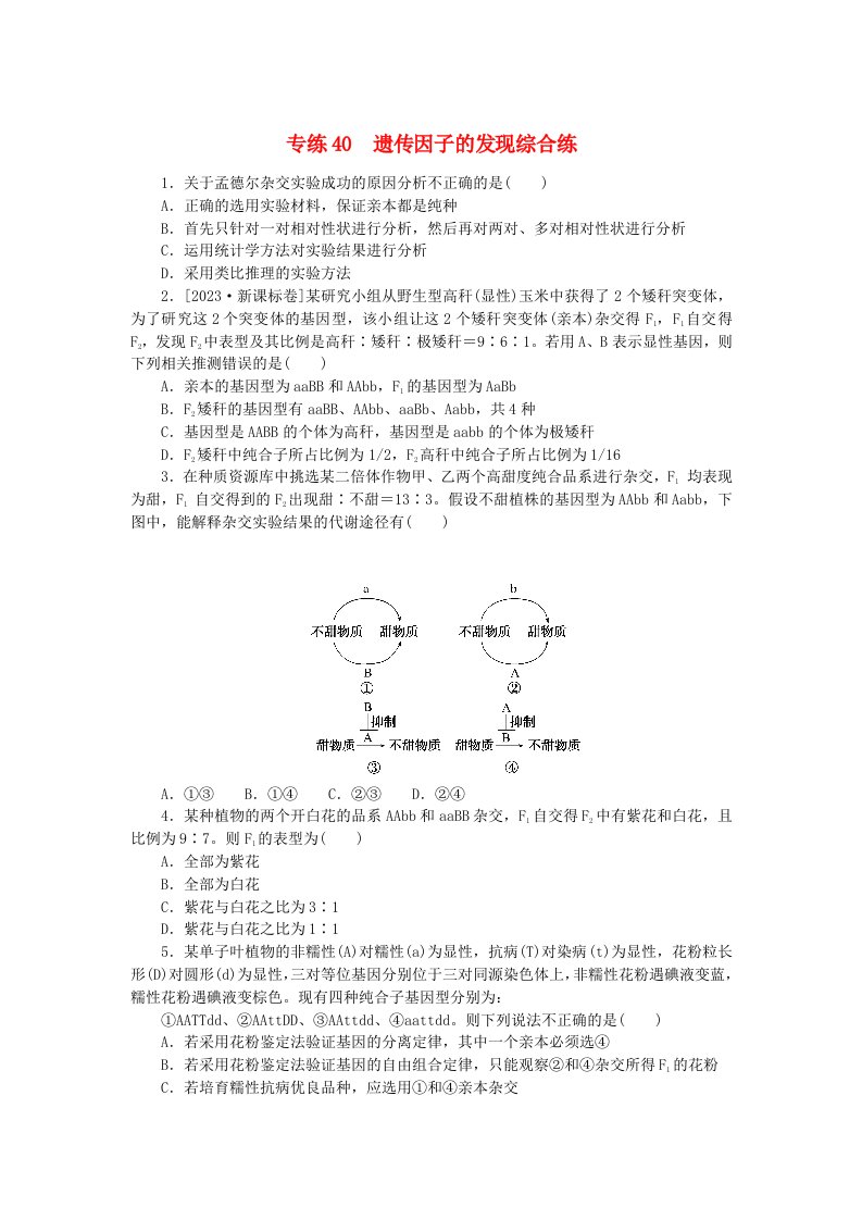 新高考2024版高考生物一轮复习微专题小练习专练40遗传因子的发现综合练