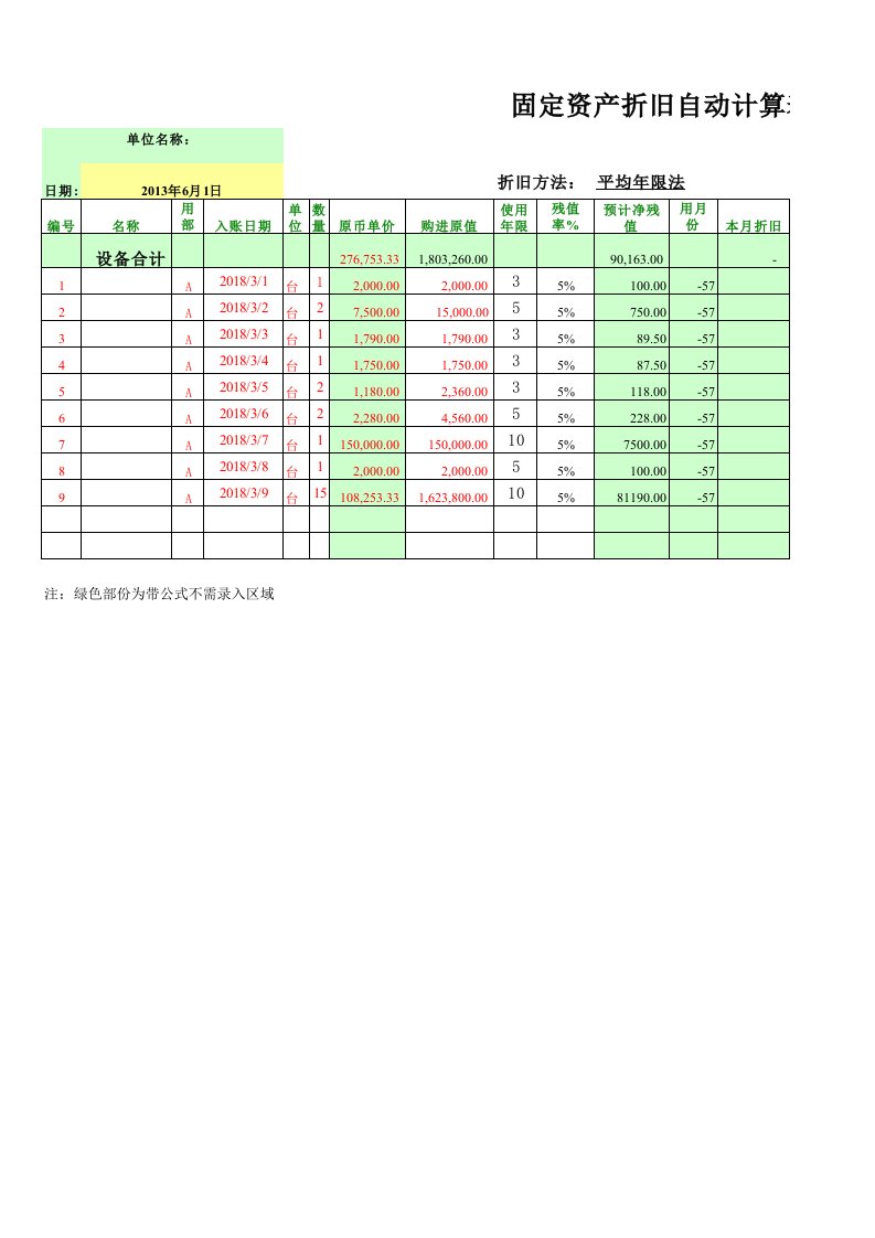 固定资产折旧自动计算表模板