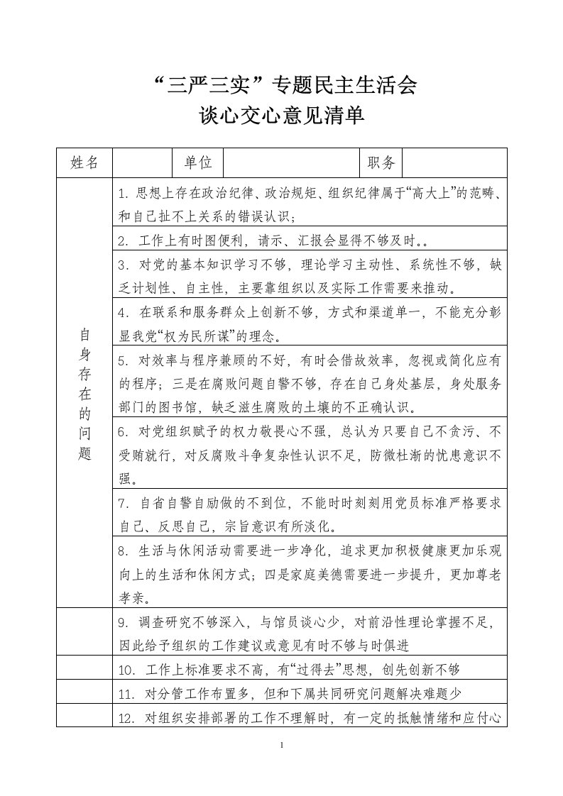 谈心交心意见清单