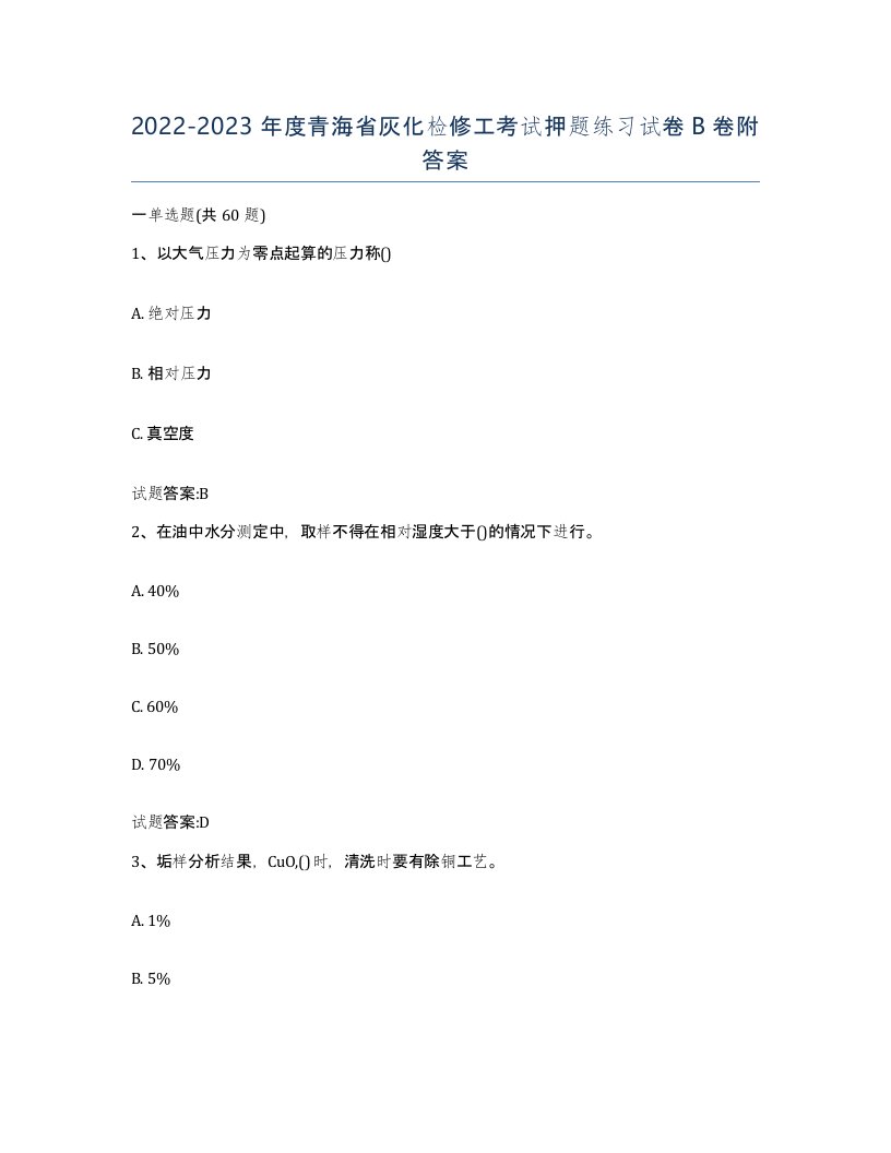 20222023年度青海省灰化检修工考试押题练习试卷B卷附答案