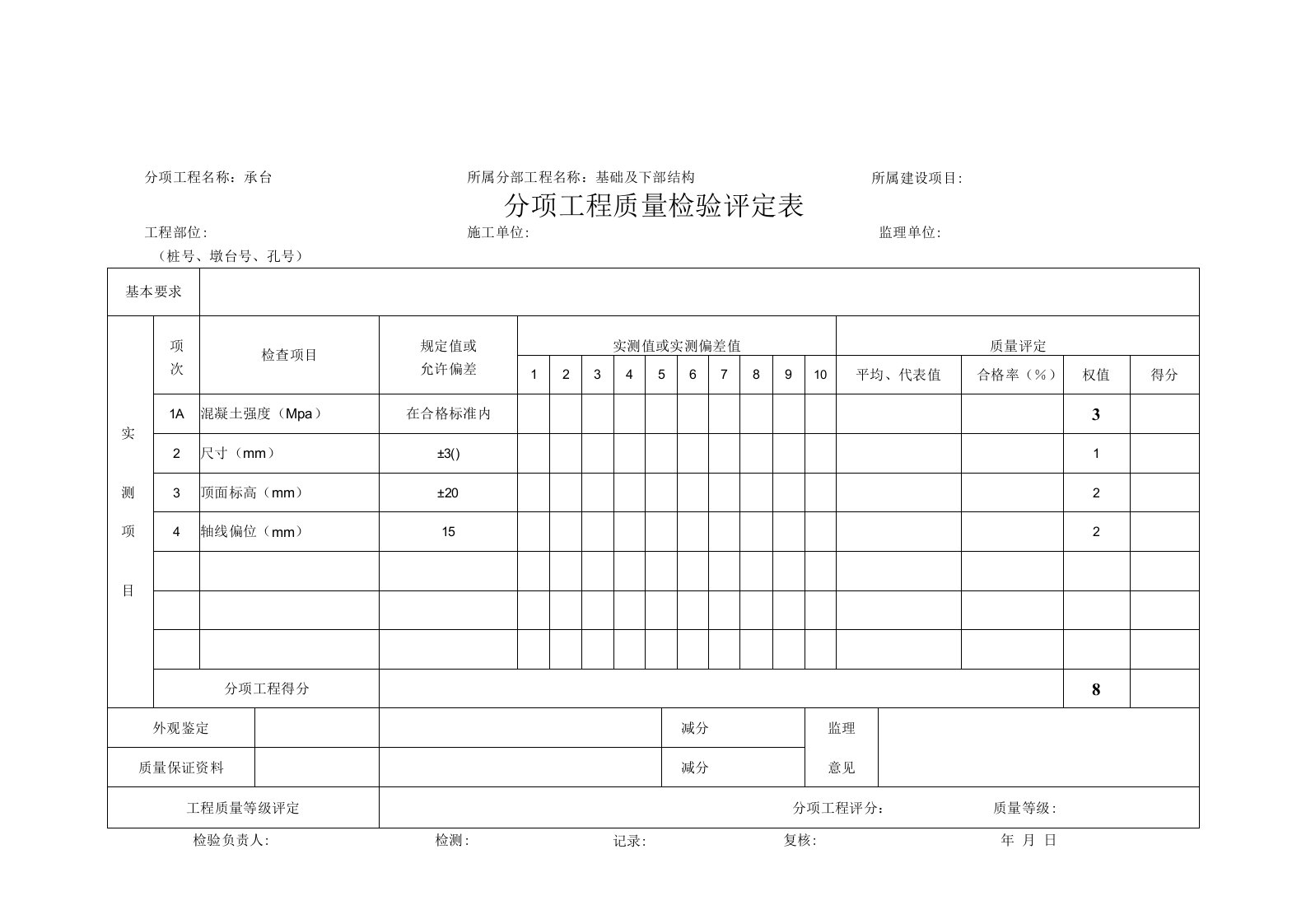 分项工程质量检验评定表-承台