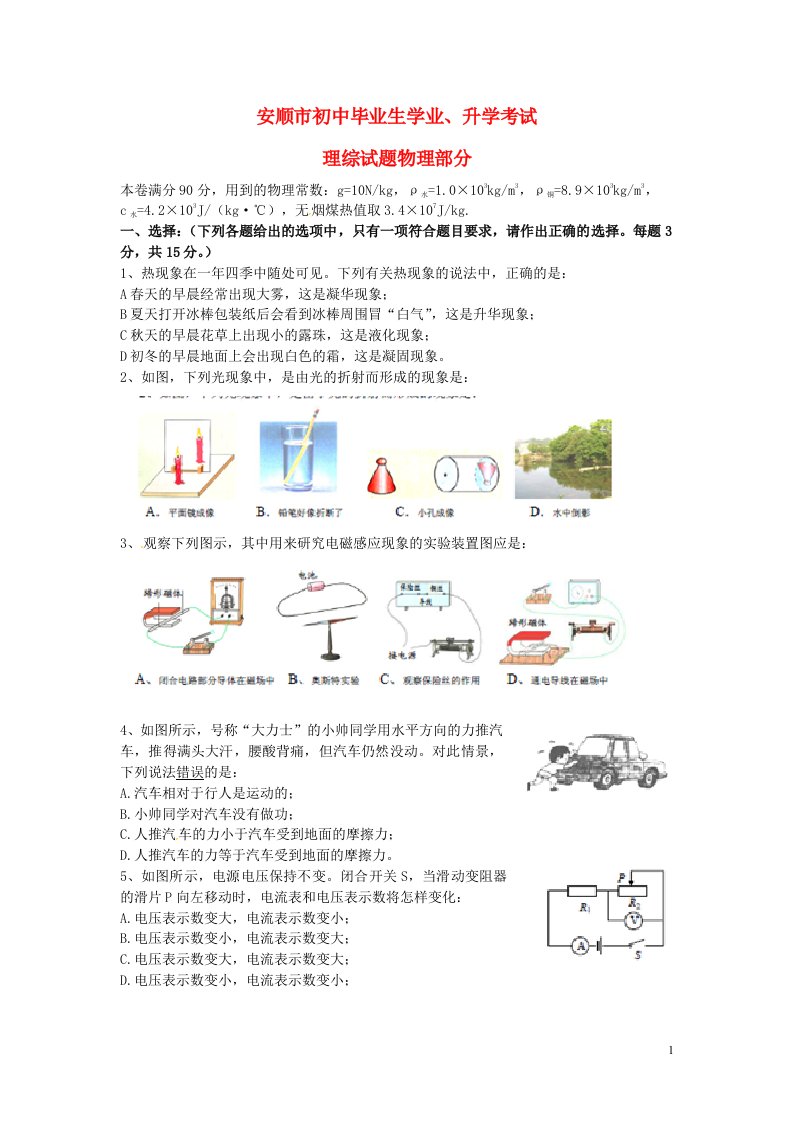 贵州省安顺市中考物理真题试题