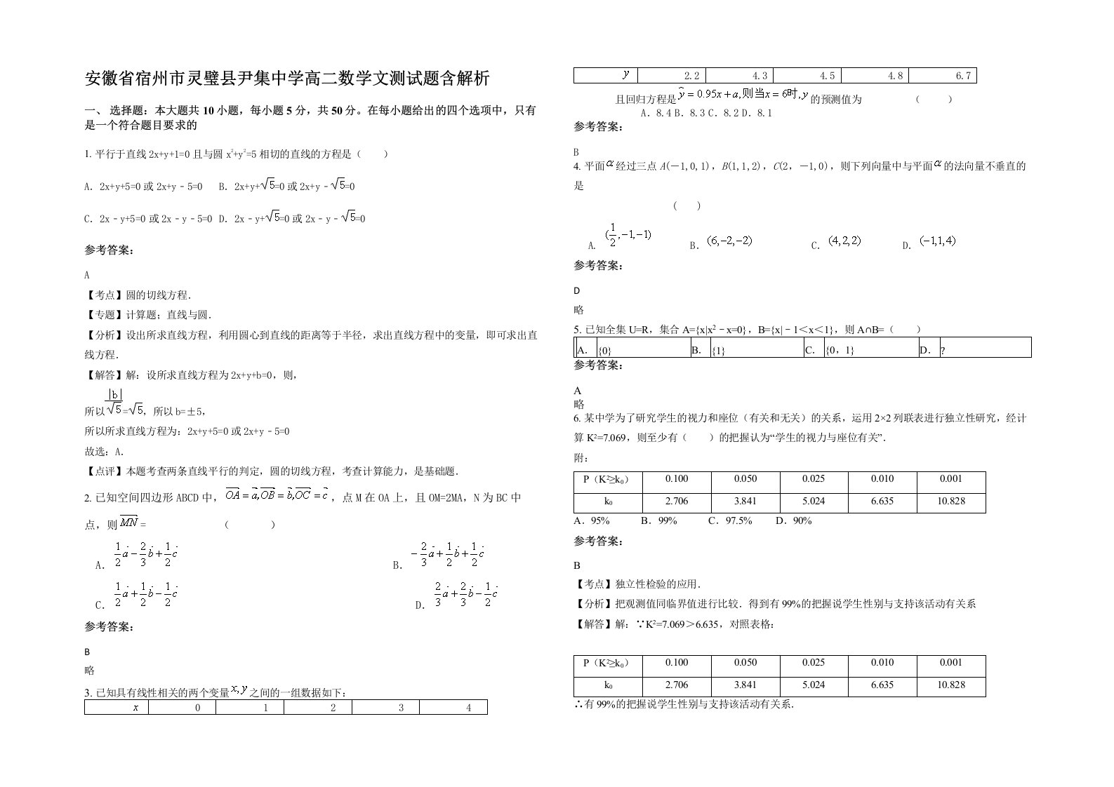 安徽省宿州市灵璧县尹集中学高二数学文测试题含解析