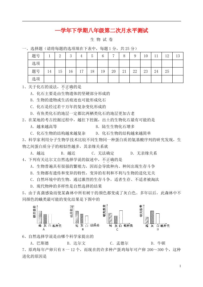 河南省南街中学八级生物下学期第二次月考试题