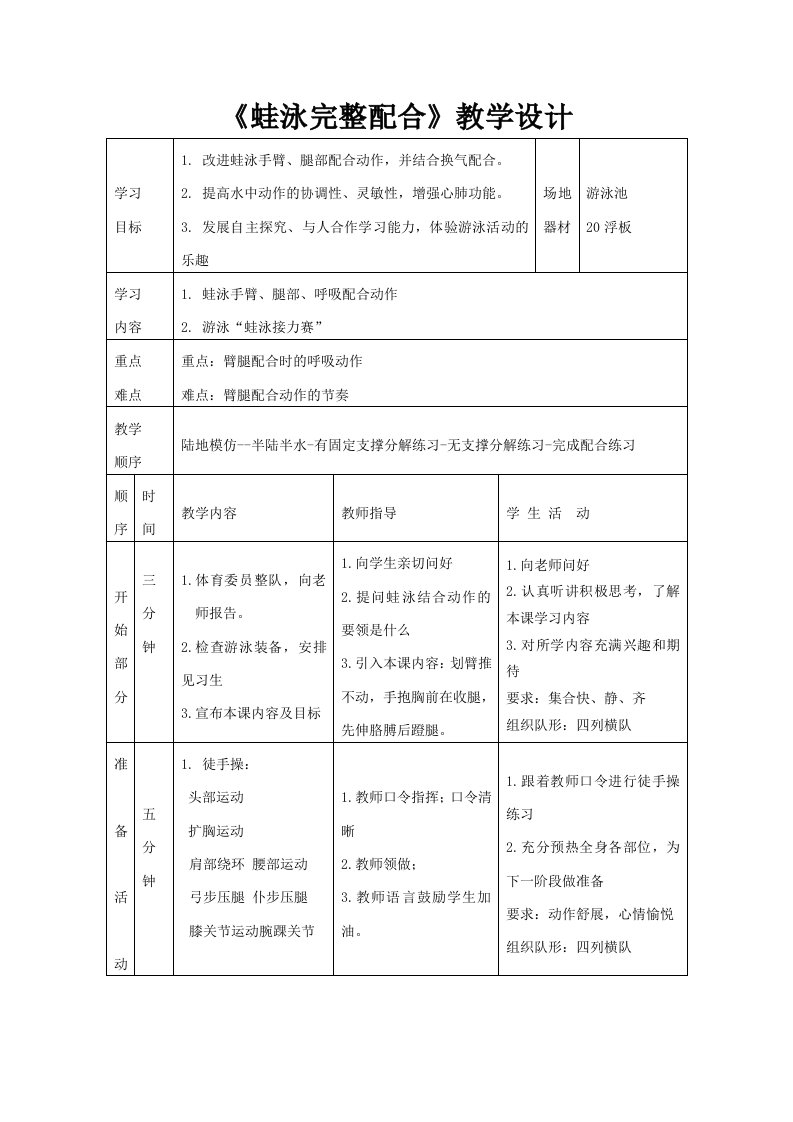 《蛙泳完整配合》教学设计