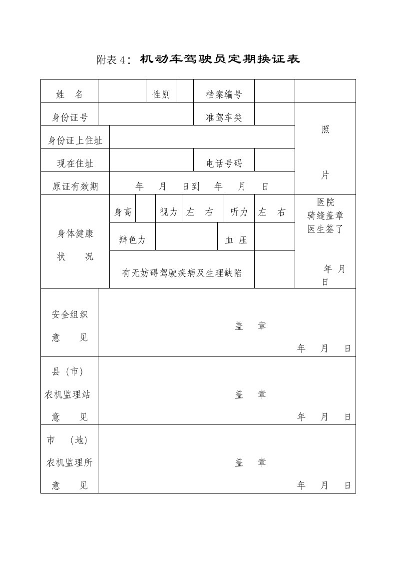 附表格4机动车驾驶员定期换证表格