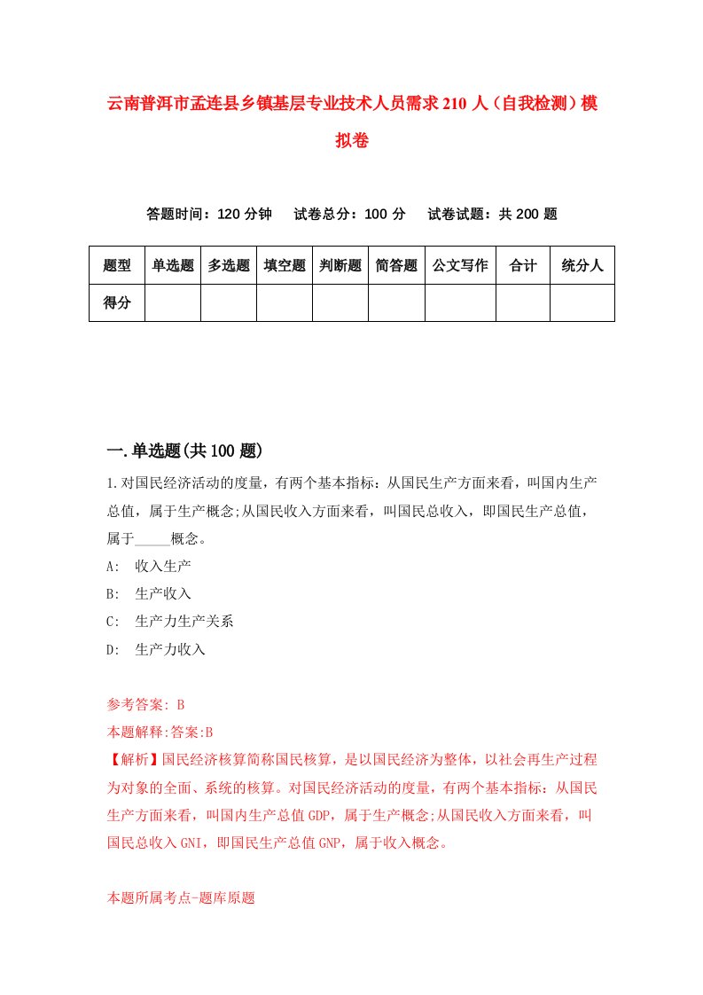 云南普洱市孟连县乡镇基层专业技术人员需求210人自我检测模拟卷1