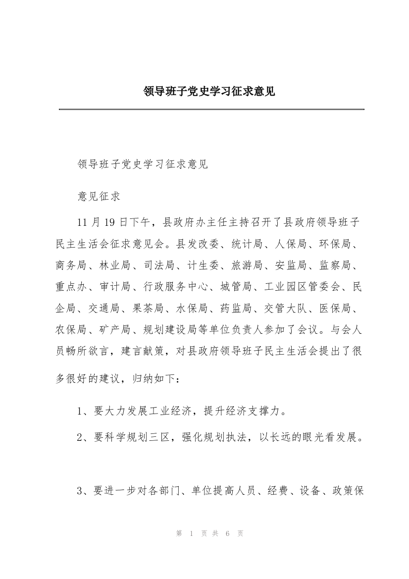 领导班子党史学习征求意见