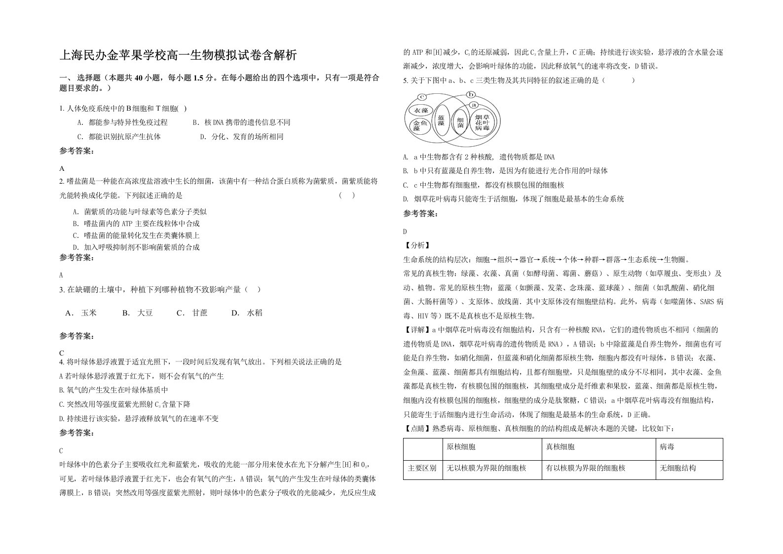 上海民办金苹果学校高一生物模拟试卷含解析