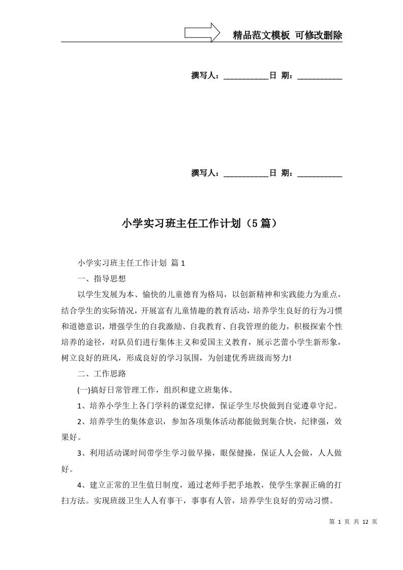 小学实习班主任工作计划5篇