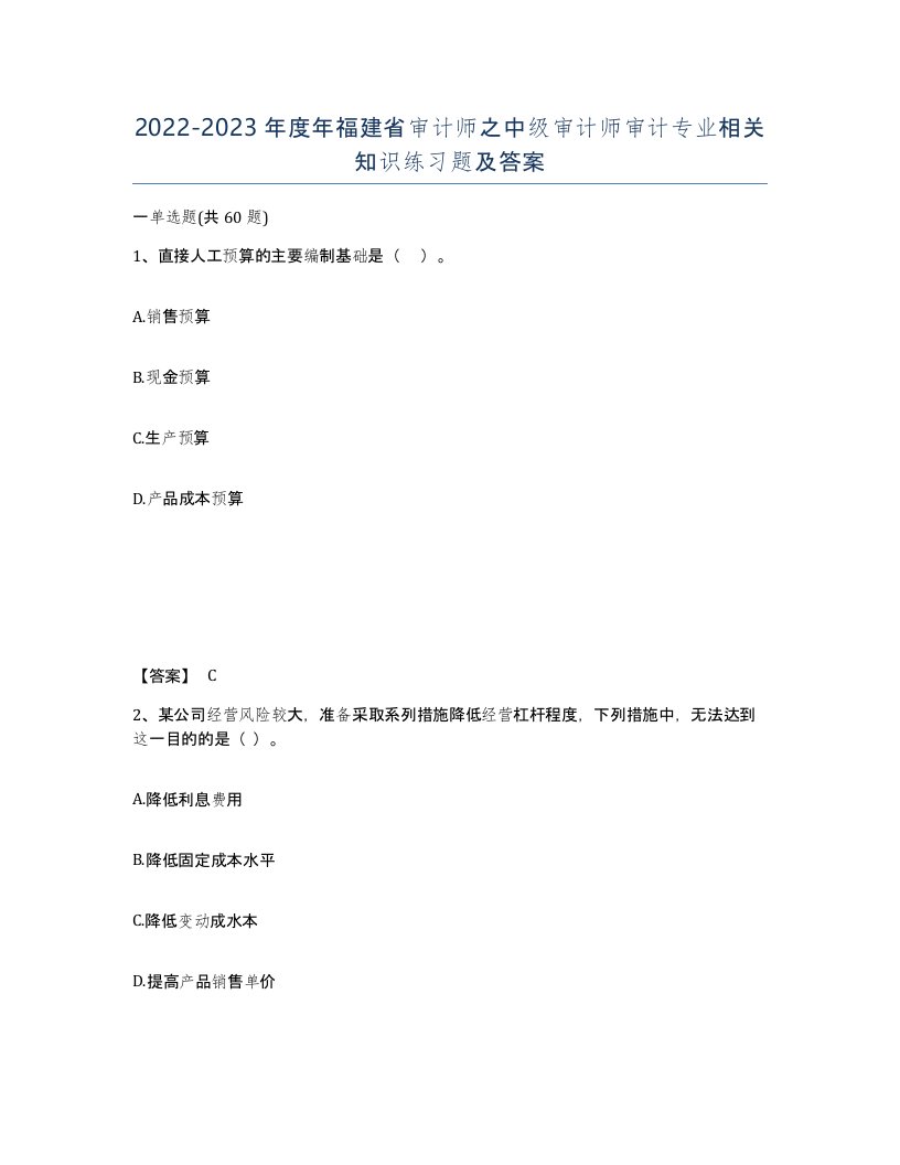 2022-2023年度年福建省审计师之中级审计师审计专业相关知识练习题及答案