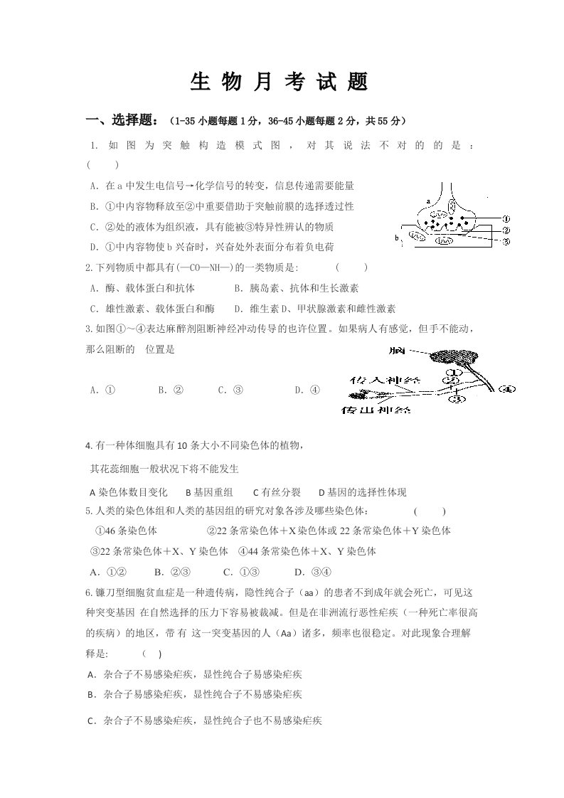 黑龙江省双鸭山市一中高三12月考生物试题