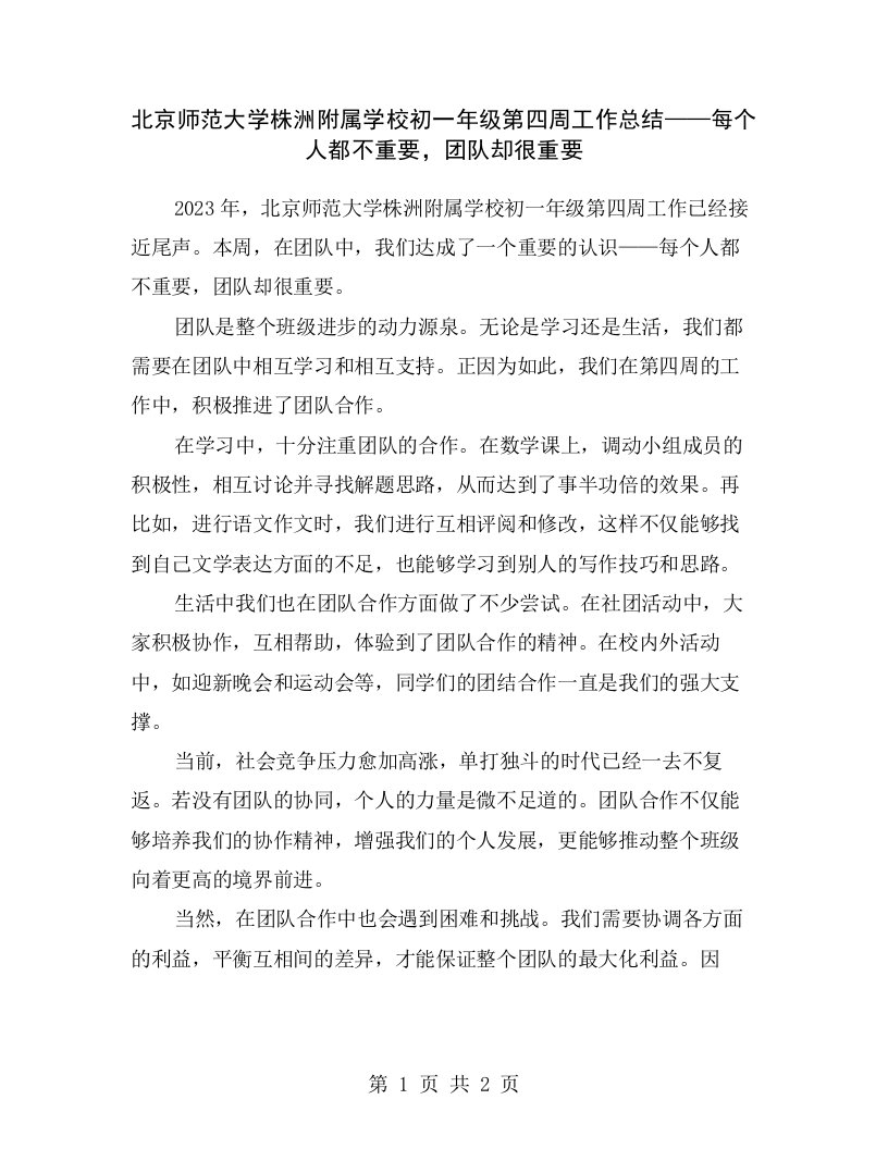 北京师范大学株洲附属学校初一年级第四周工作总结——每个人都不重要，团队却很重要